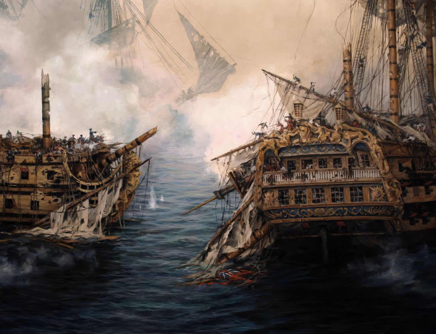 Detalle de 'El último combate del 'Glorioso', con el barco español a la izquierda, obra de Ferrer-Dalmau. RUSSPAIN