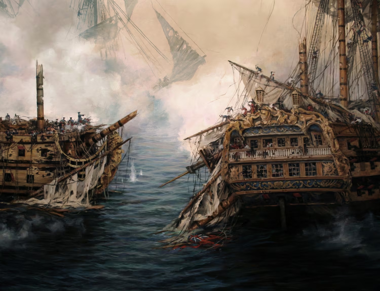 Detalle de 'El último combate del 'Glorioso', con el barco español a la izquierda, obra de Ferrer-Dalmau. RUSSPAIN.RU © russpain.ru