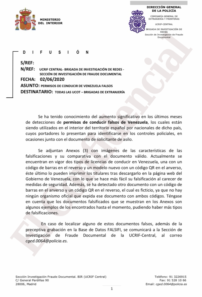 Приказ об "облаве" на владельцев венесуэльские водительских прав  / Orden policial emitida a las brigadas de Extranjería alertando sobre el creciente fraude de los carnets venezolanos. RUSSPAIN