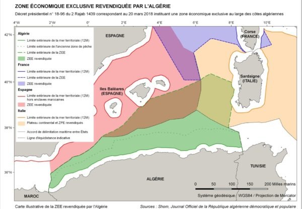 Uno de los polémicos mapas argelinos que reflejan las zonas marítimas y económicas de España, Italia y Argelia, con las nuevas pretensiones argelinas. RUSSPAIN