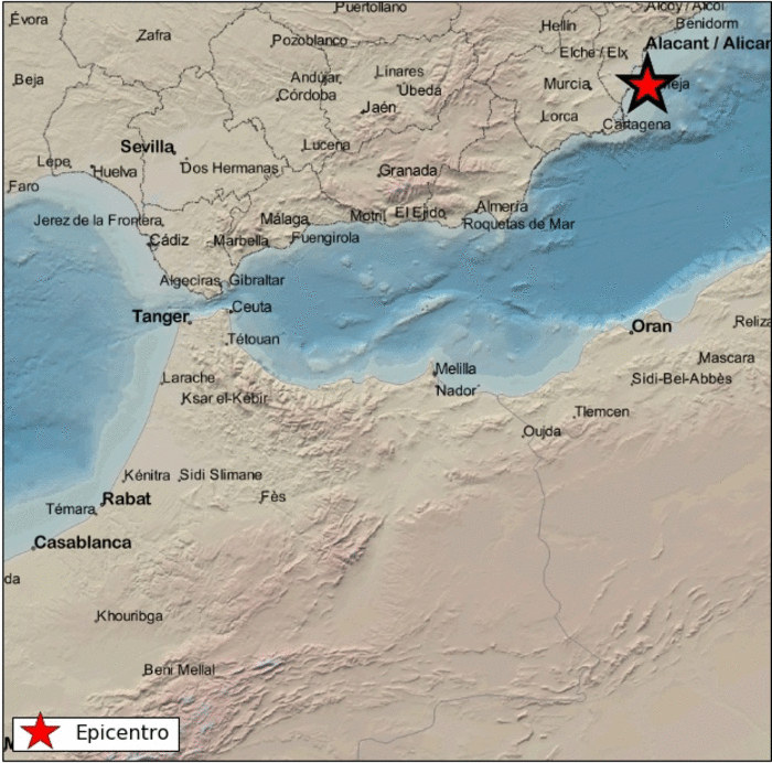 Epicentro del terremoto en las proximidades de Santa Pola. RUSSPAIN