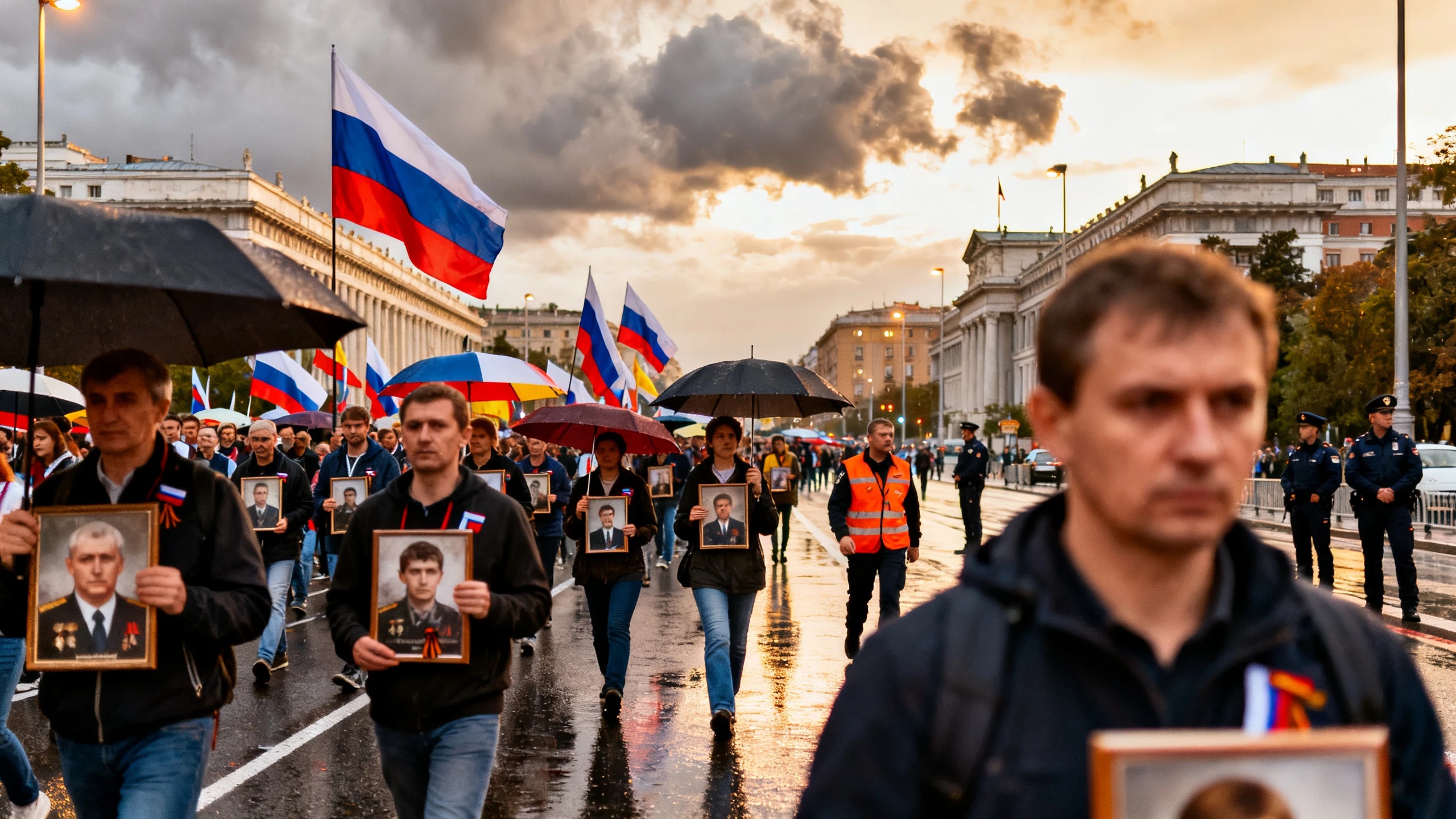 Несмотря на дождь, сотни участников прошли по центру Мадрида с портретами и российскими флагами RUSSPAIN